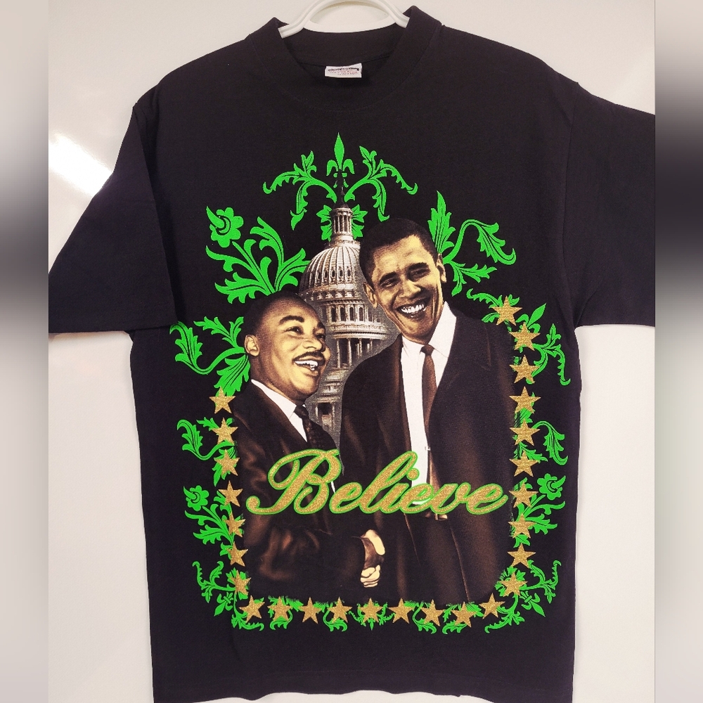 Barack Obama and MLK “Believe” Graphic Black Tee, Pro Power Deluxe Cotton, Large